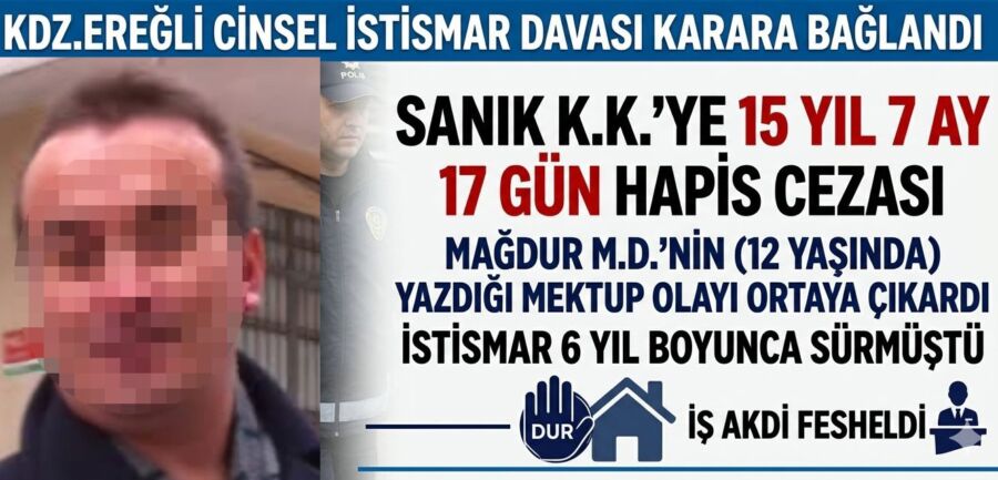 Kdz.Ereğli’de istismar davasında karar çıktı: Sanığa 15 yıl 7 ay 17 gün hapis cezası verildi